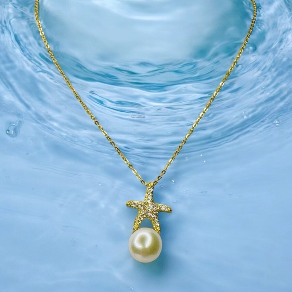 Sterling Silver & 18K Gold Pearl and Starfish Necklace - Picture 1 of 5